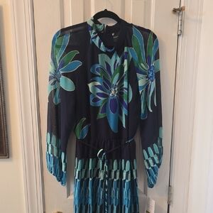MAISON TARA BRAND WOMEN'S PLUS SIZE LONG BLUE FLORAL LONG SLEEVES DRESS SIZE 14